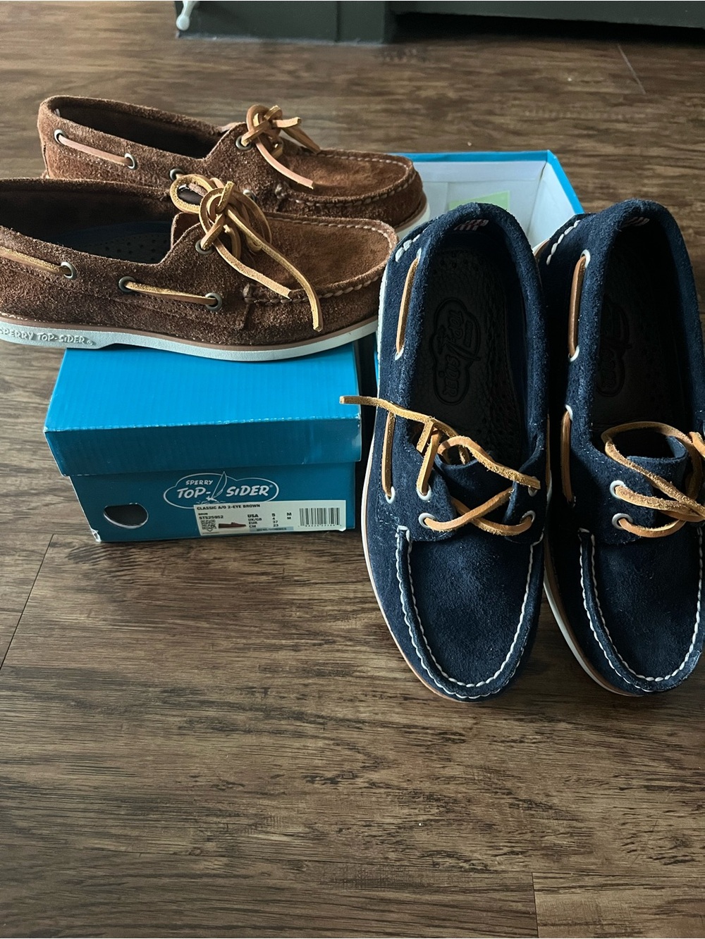 Sperry Suede Boat Shoes in Navy and Brown with Leather Laces